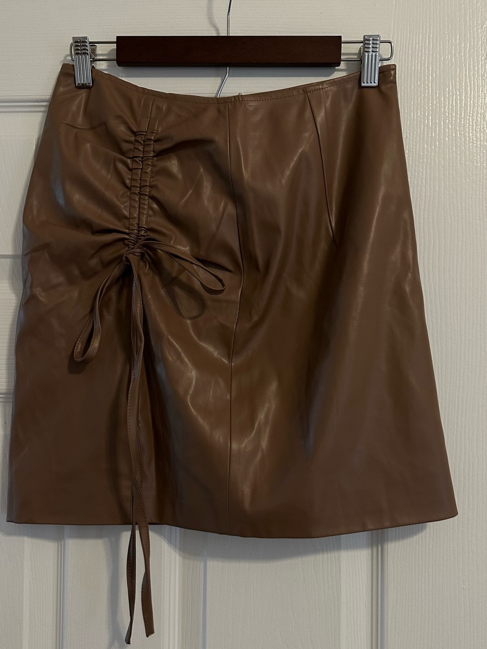 Women’s Khaki Faux Leather Mini Skirt with Ruched Drawstring Detail